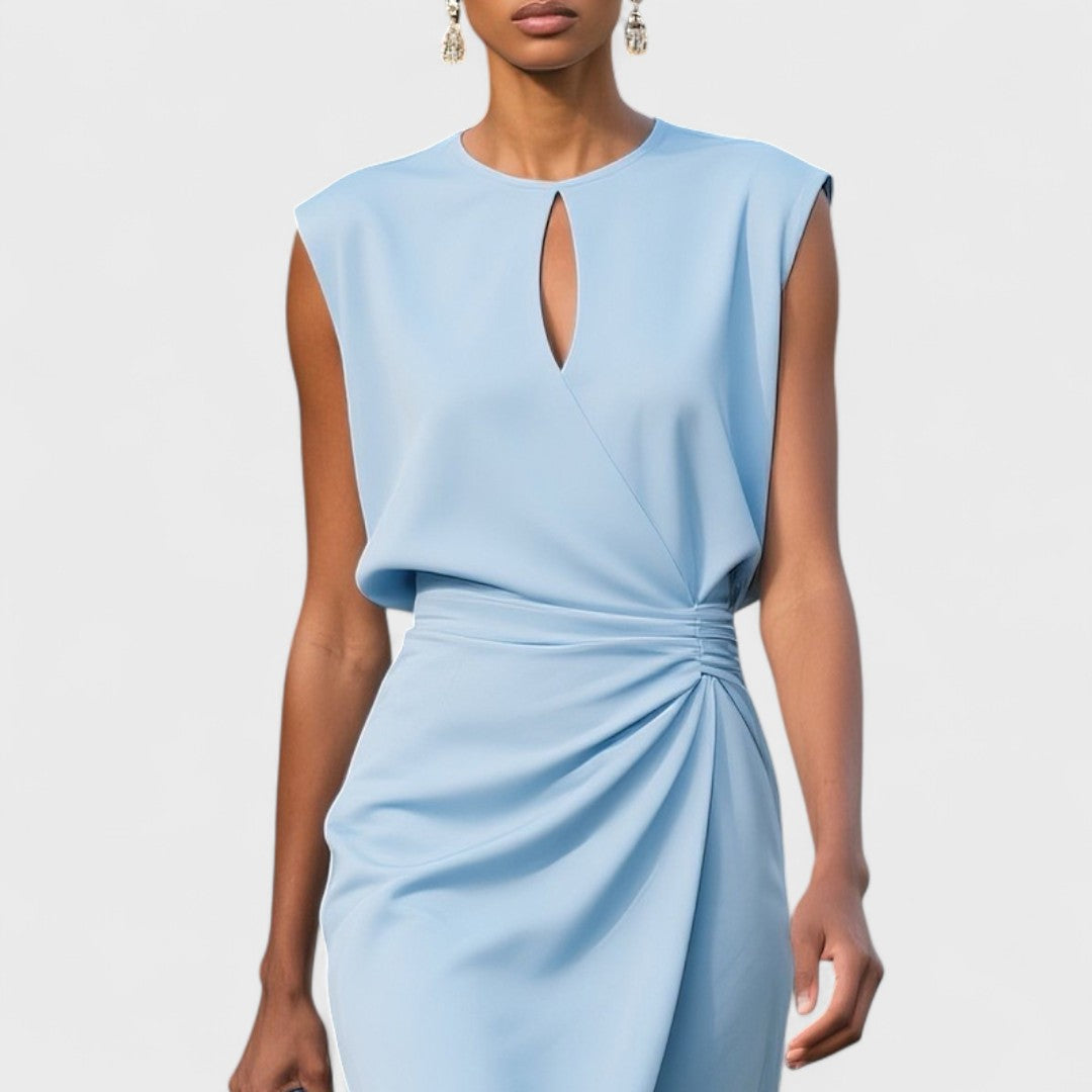 Keyhole Neck Sleeveless Ruched Twist Waist Tulip Midi Dress
