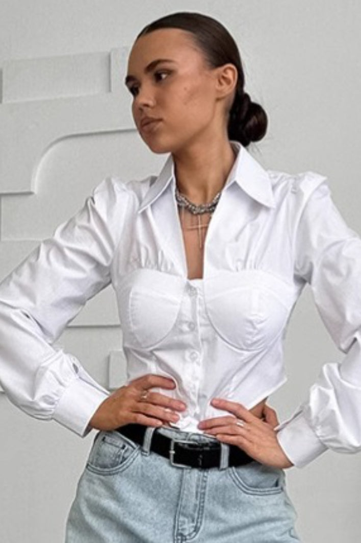 Fitted Cotton Blend Long Sleeve Blouse