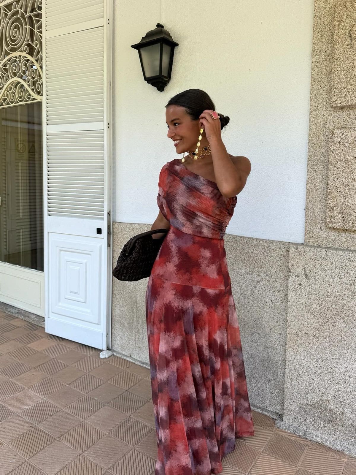 One-Shoulder Ruched Abstract Print Flowy Maxi Dress 2
