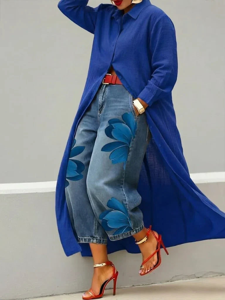 Collared Button Front Longline Shirt and Floral Jeans Set 3