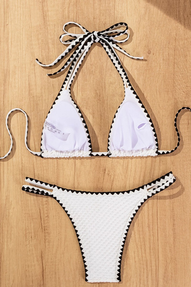 White Halter Crochet Two Piece Bikini Set