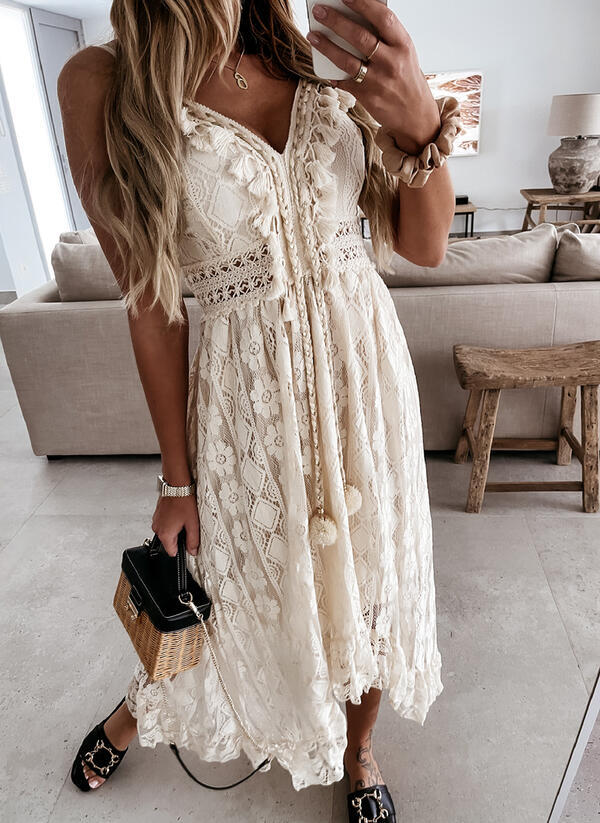 Spaghetti Strap V-Neck Floral Lace Tassel Tie Empire Maxi Dress 2