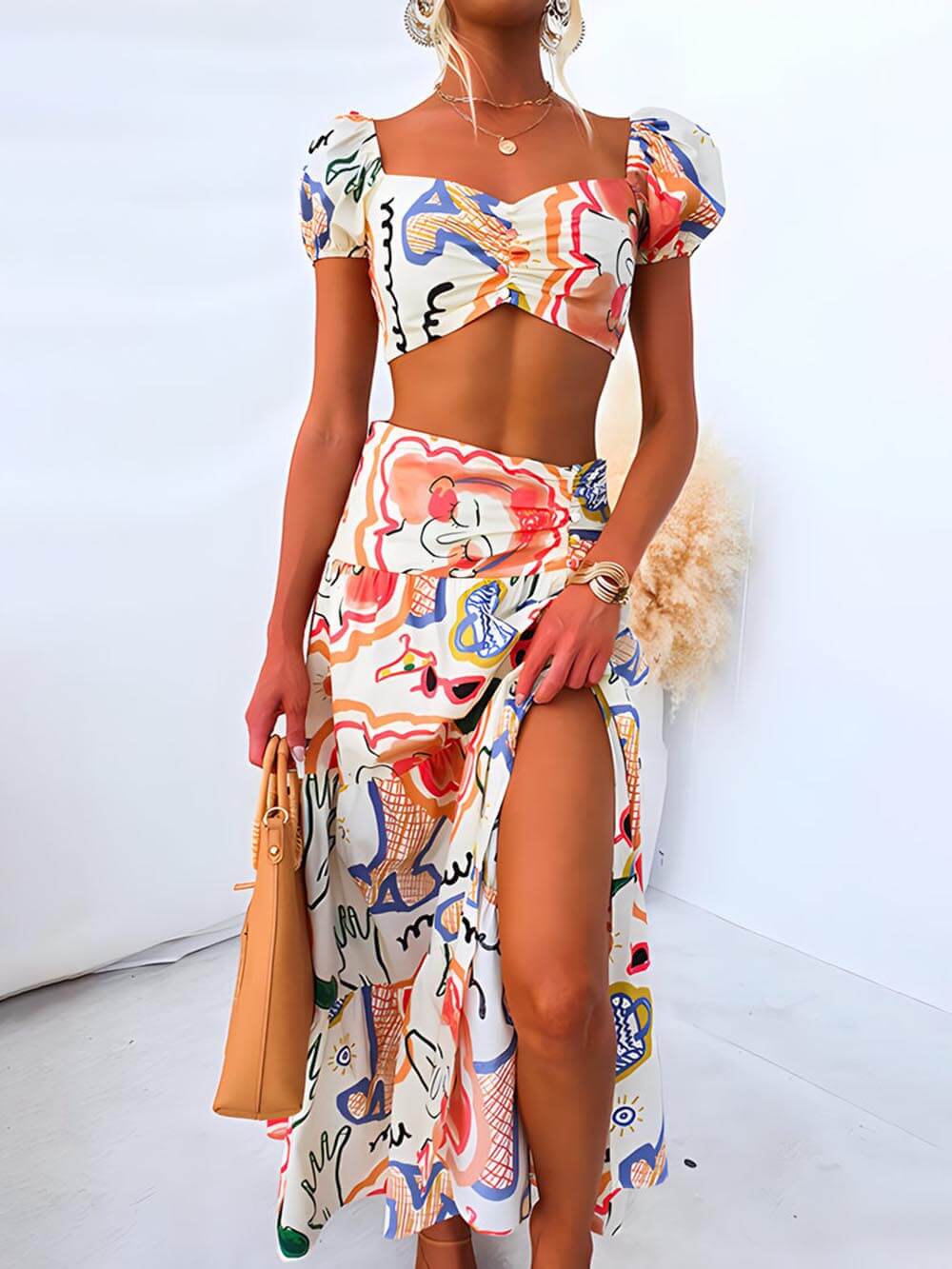 Summer Printed Top And Graceful Wrap Skirt Two-Piece Suit Multicolor / S Two Piece Outfits