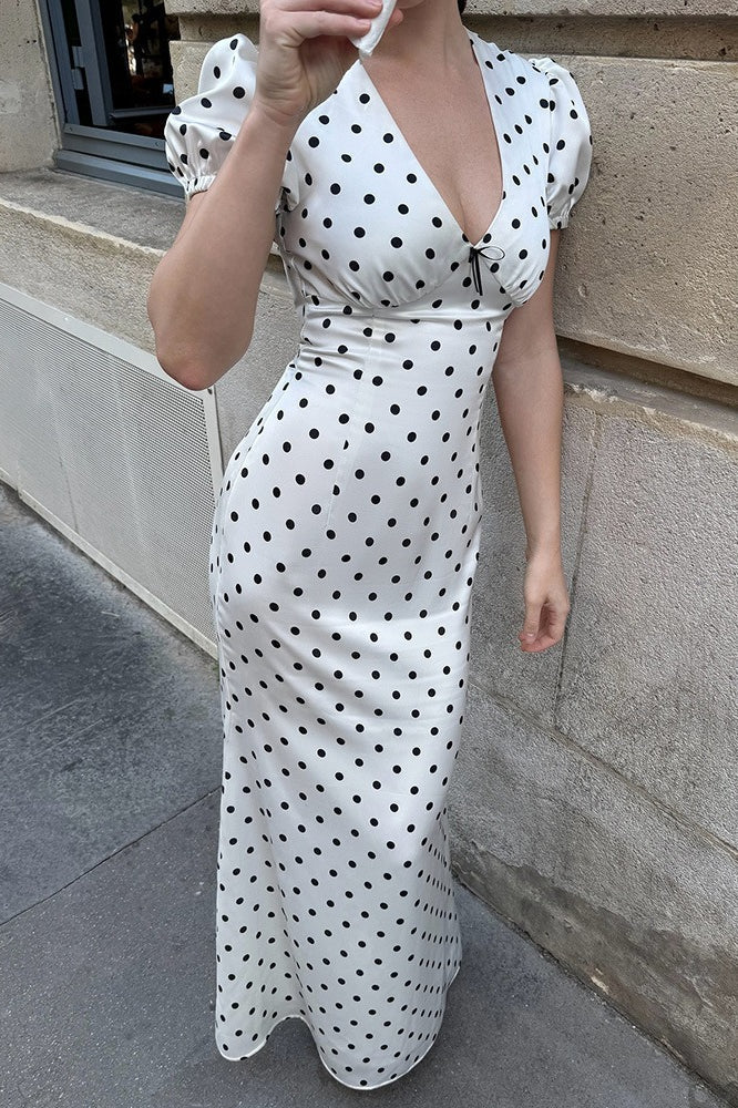 White Polka Dot V-Neck Puff Sleeve Waist Tie Bodycon Maxi Dress