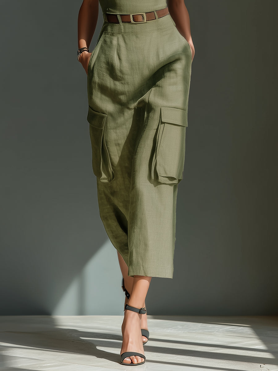 Olive Green Square Neck Belted Cargo Pocket Utility Sheath Midi Dress 5