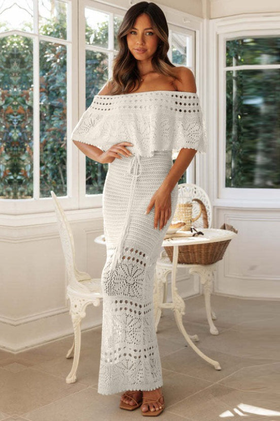Off Shoulder Crochet Knit Drawstring Waist Tassel Maxi Dress 7