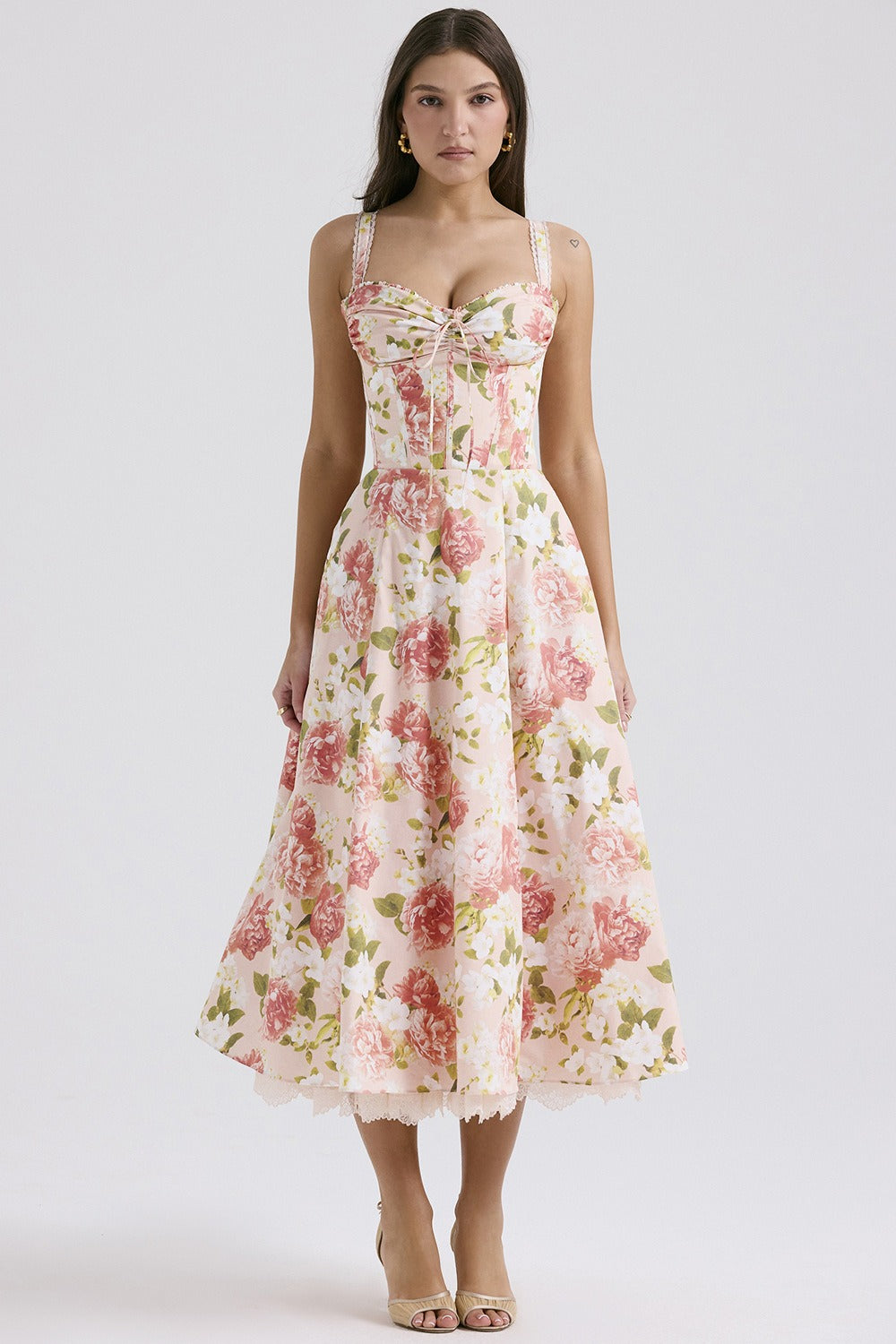 Wide Strap Lace Trim Corset Bodice Floral Print A-Line Midi Dress 4