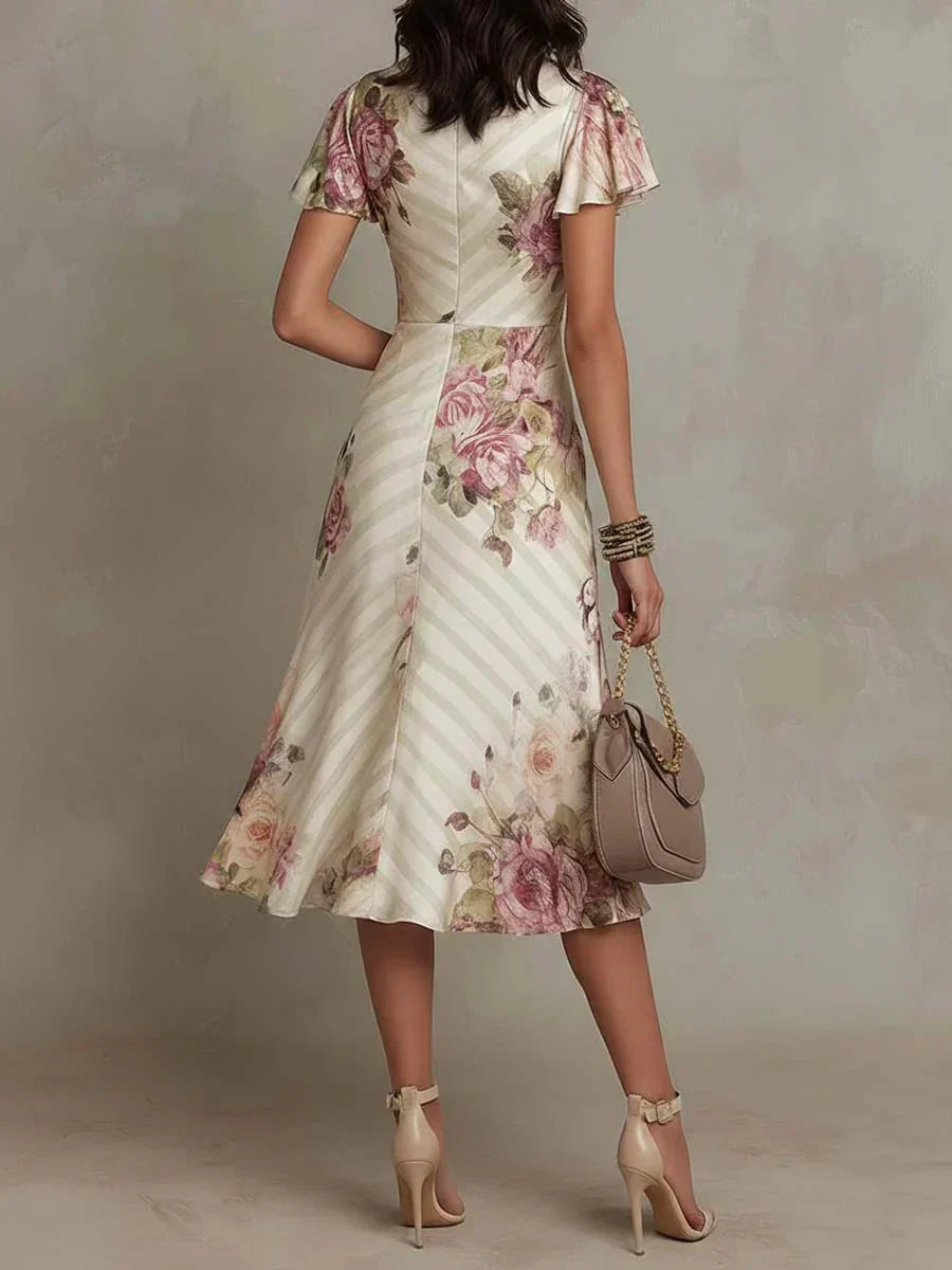 V-Neck Wrap Flutter Sleeve Ruched Floral A-Line Midi Dress