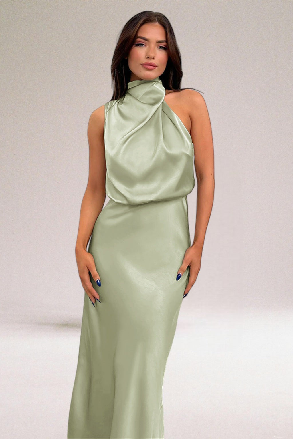 High Neck Satin Draped Cowl Sleeveless Column Maxi Dress