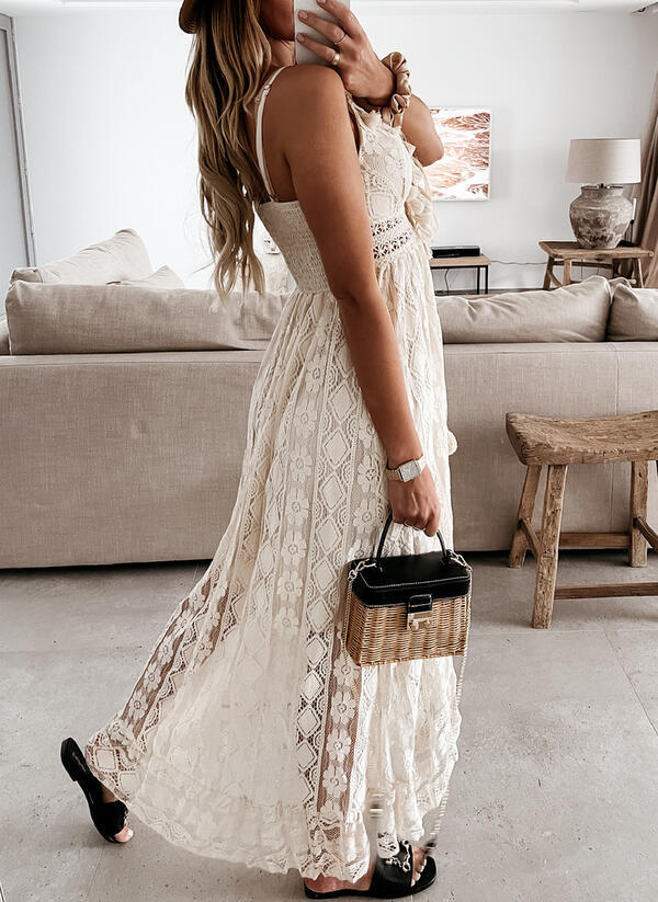 Spaghetti Strap V-Neck Floral Lace Tassel Tie Empire Maxi Dress 4