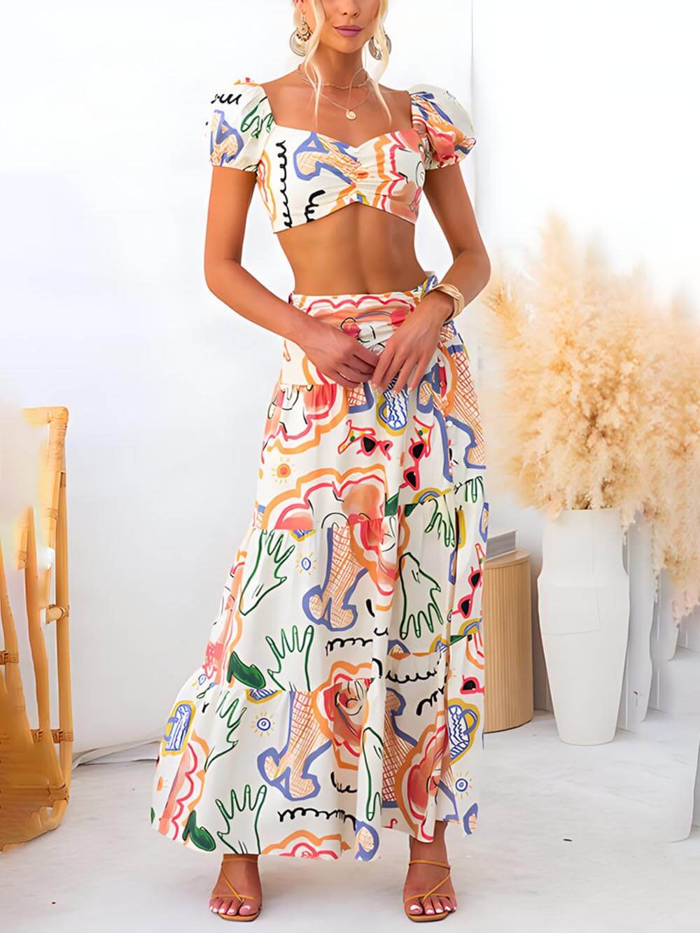 Summer Printed Top And Graceful Wrap Skirt Two-Piece Suit