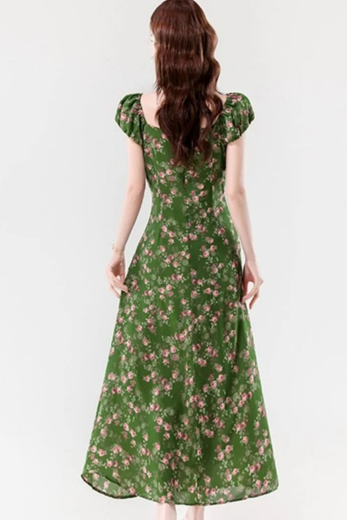 Retro Slim Green V - Neck Floral Dress