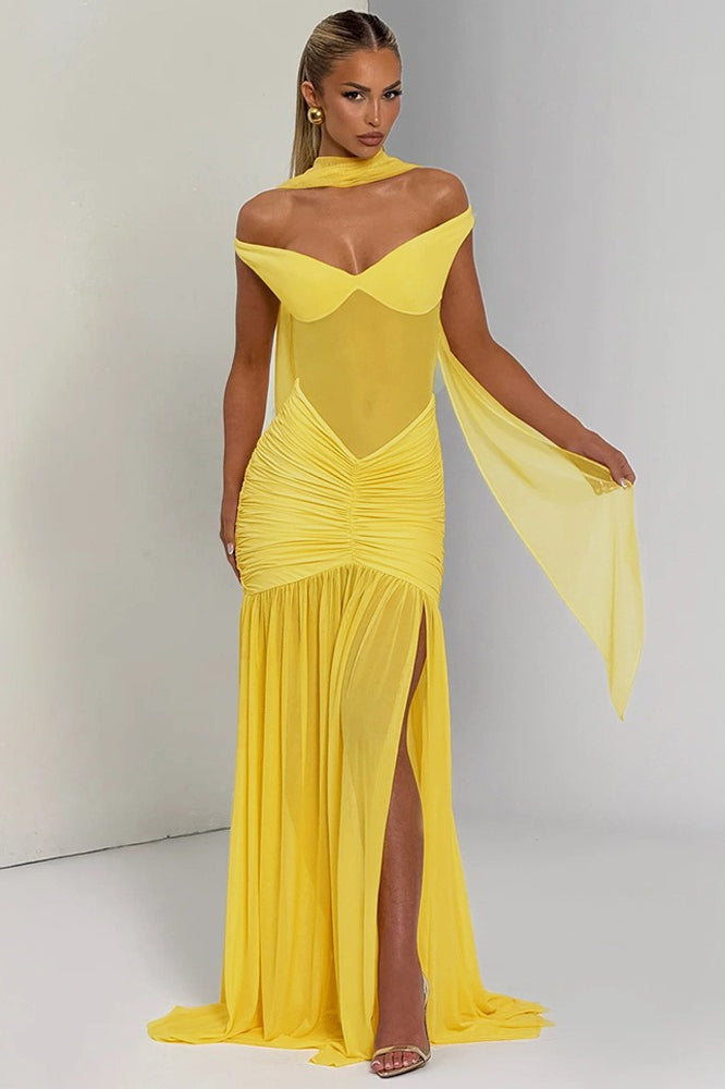 Strapless Backless Mesh Ruched Slit Party Dress