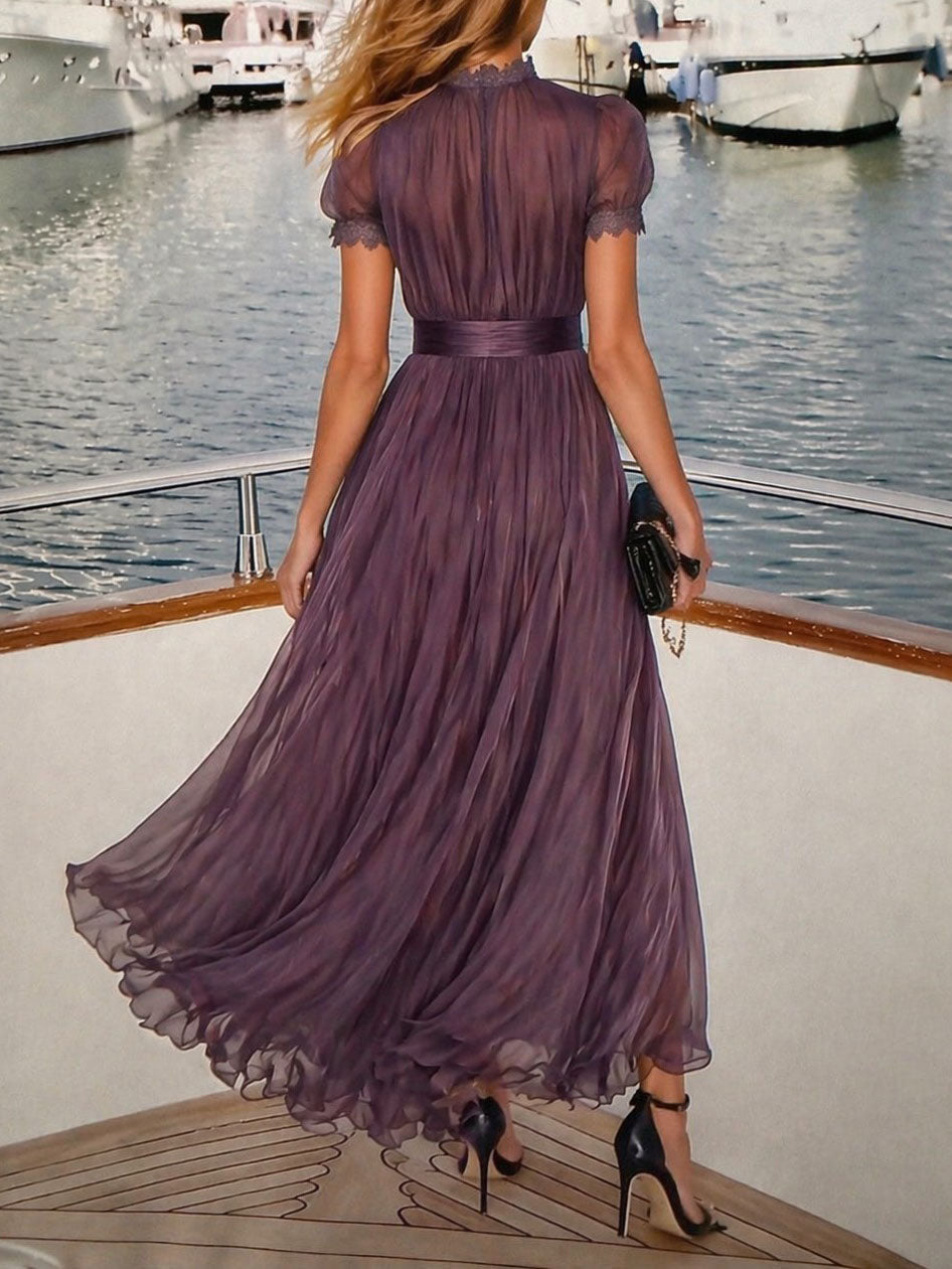 Purple High Neck Lace Trim Keyhole Puff Sleeve Chiffon Maxi Gown 5