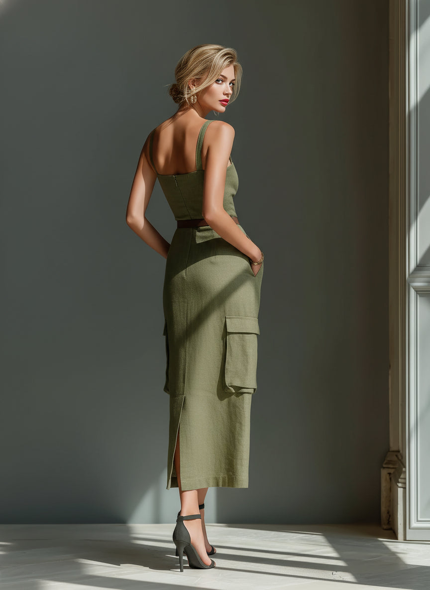 Olive Green Square Neck Belted Cargo Pocket Utility Sheath Midi Dress 3
