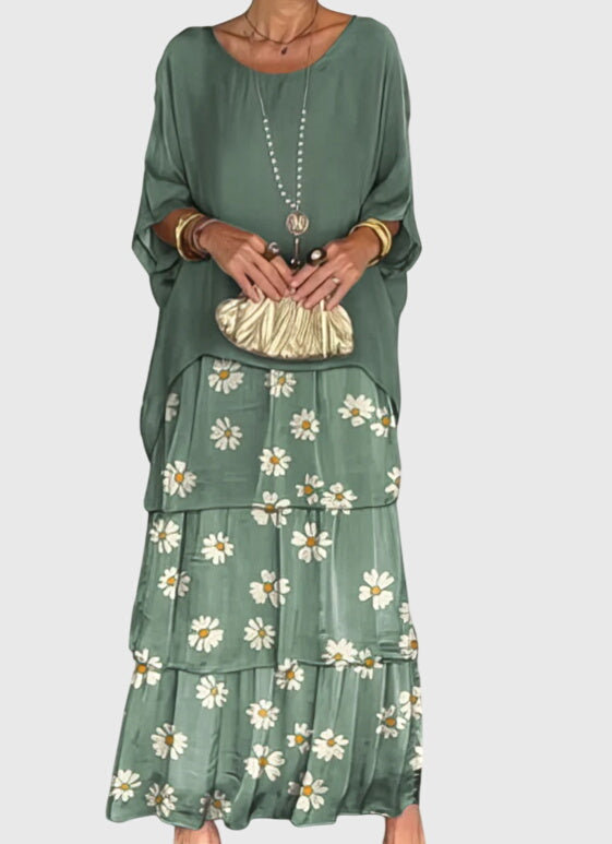 Round Neck Chiffon Batwing Sleeve Layered Tiered Flowy Maxi Dress