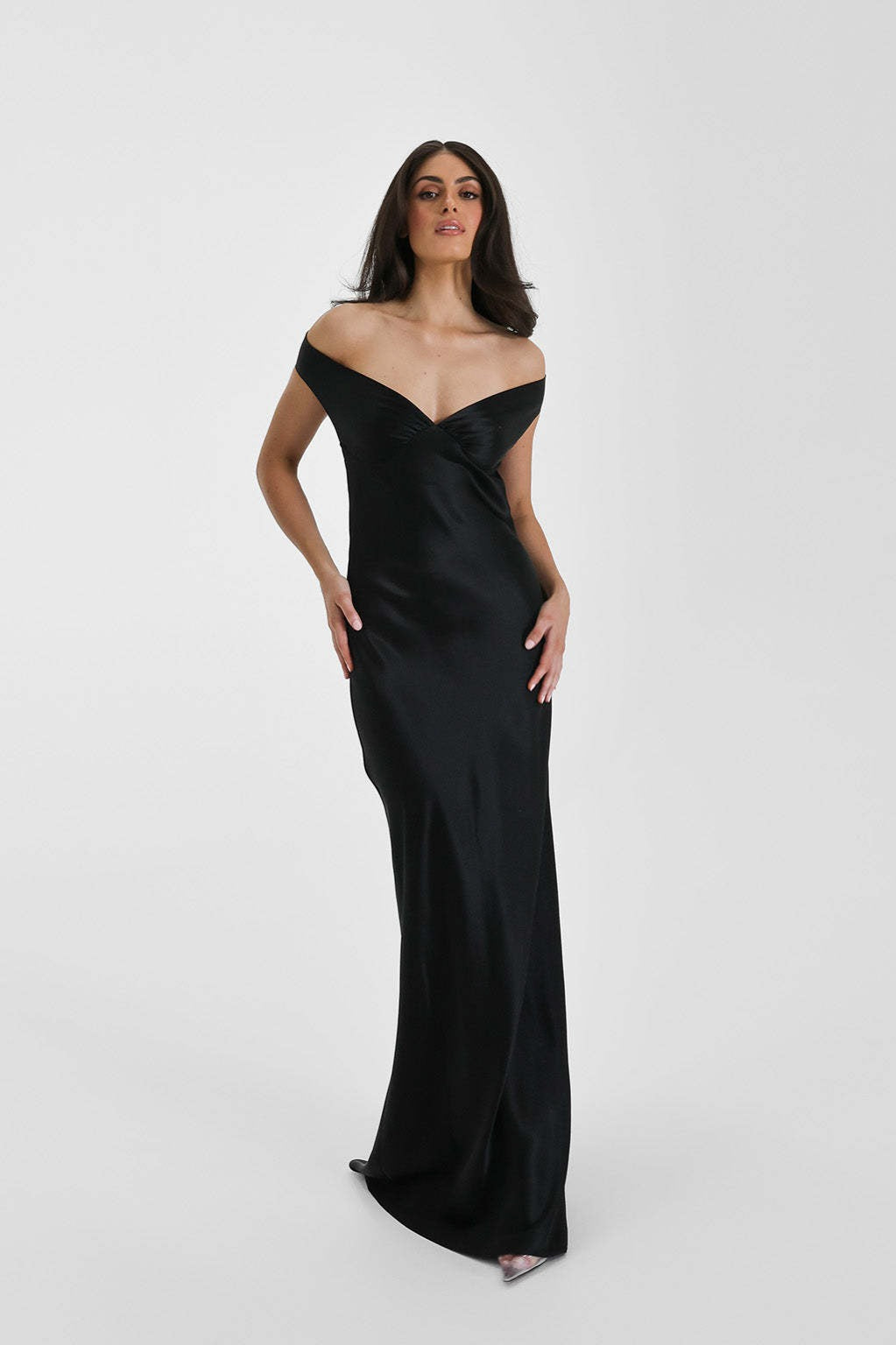 Satin Off-Shoulder Fishtail Maxi Party Dress