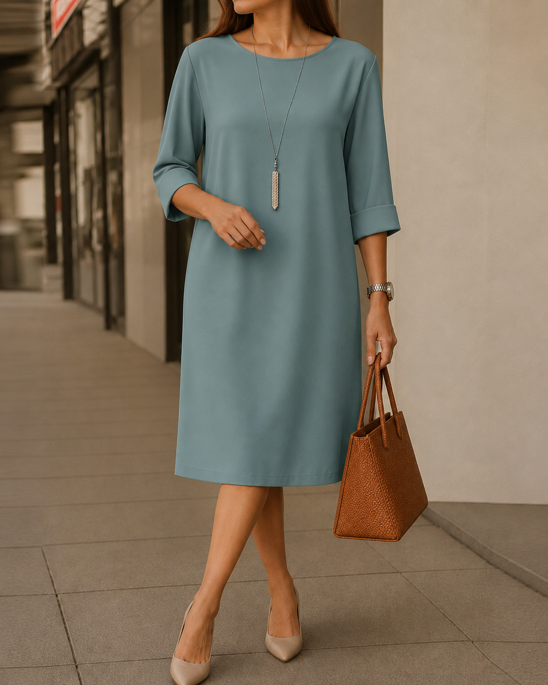 Round Neck Roll-Tab Sleeve Pocket Shift Midi Dress 6