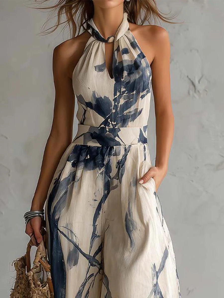 White/blue Halter Neck Keyhole Printed Wide Leg Jumpsuit 4