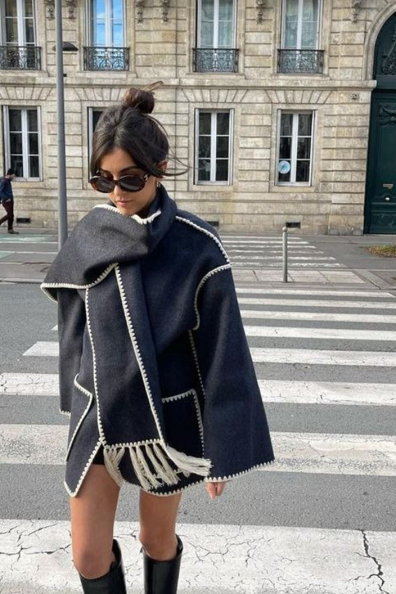 Wool Blend Scarf Fringe Coat