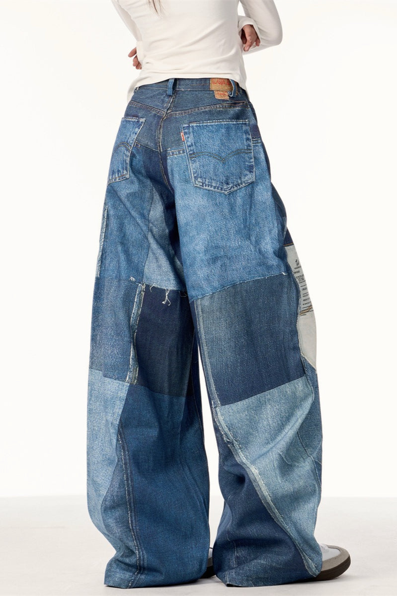 High Street Vintage Patchwork Print Wide-Leg Jeans