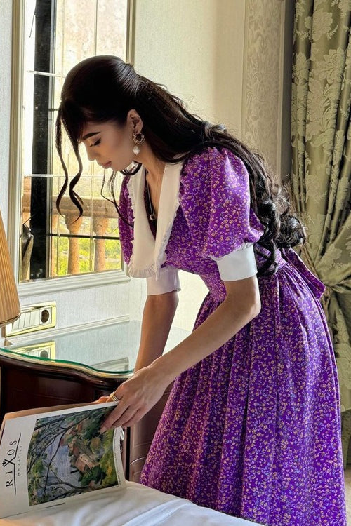 Purple Peter Pan Collar Short Sleeve Tie Waist Tiered Maxi Floral Print Dress 4