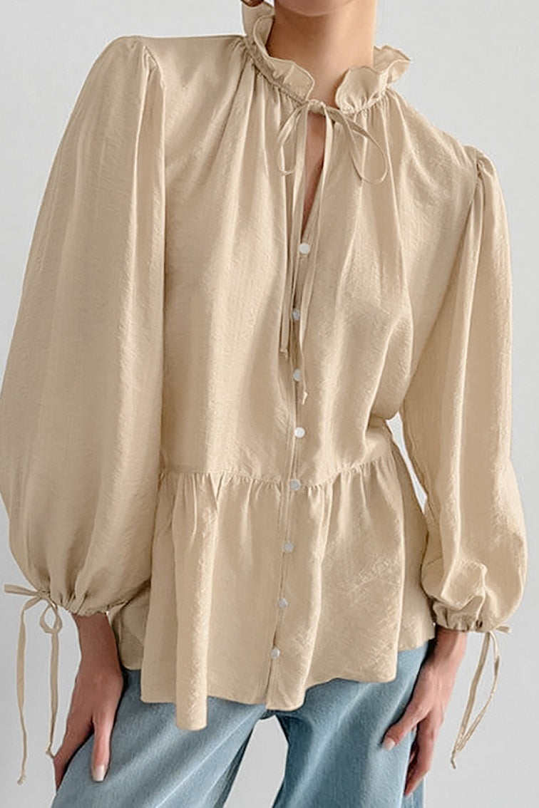 Sheer Puff Sleeve Tie Blouse