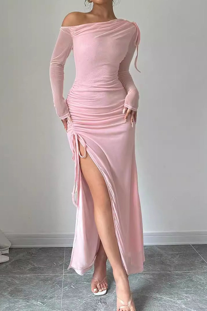 Sweet One Shoulder Mesh LongSleeve Slit Bodycon Dress
