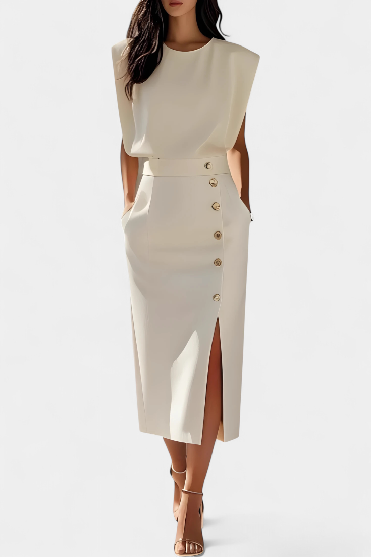 Round Neck Sleeveless Top Button Front Slit Midi Skirt Set