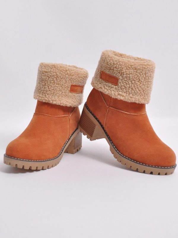 Fur Lined Fold Over Cuff Block Heel Ankle Snow Boots