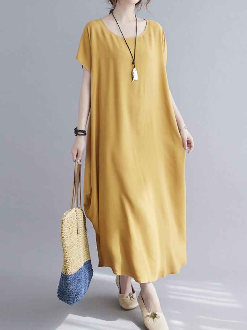 Round Neck Short Sleeve Loose Cocoon Maxi Dress 9