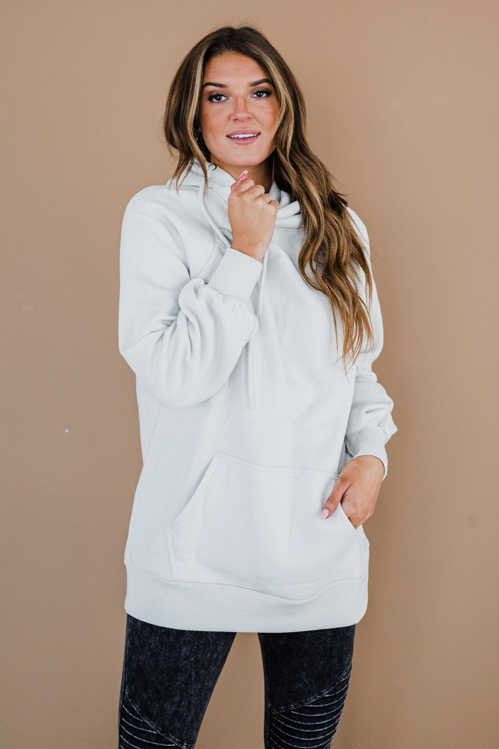 Bone Cowl Neck Drawstring Kangaroo Pocket Long Sleeve Sweatshirt Mini Dress