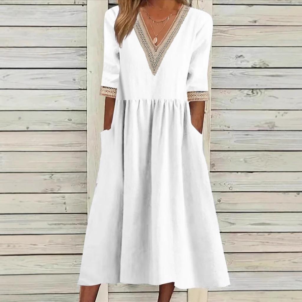 Lace Trim V-Neck Half Sleeve Pocket A-Line Midi Dress