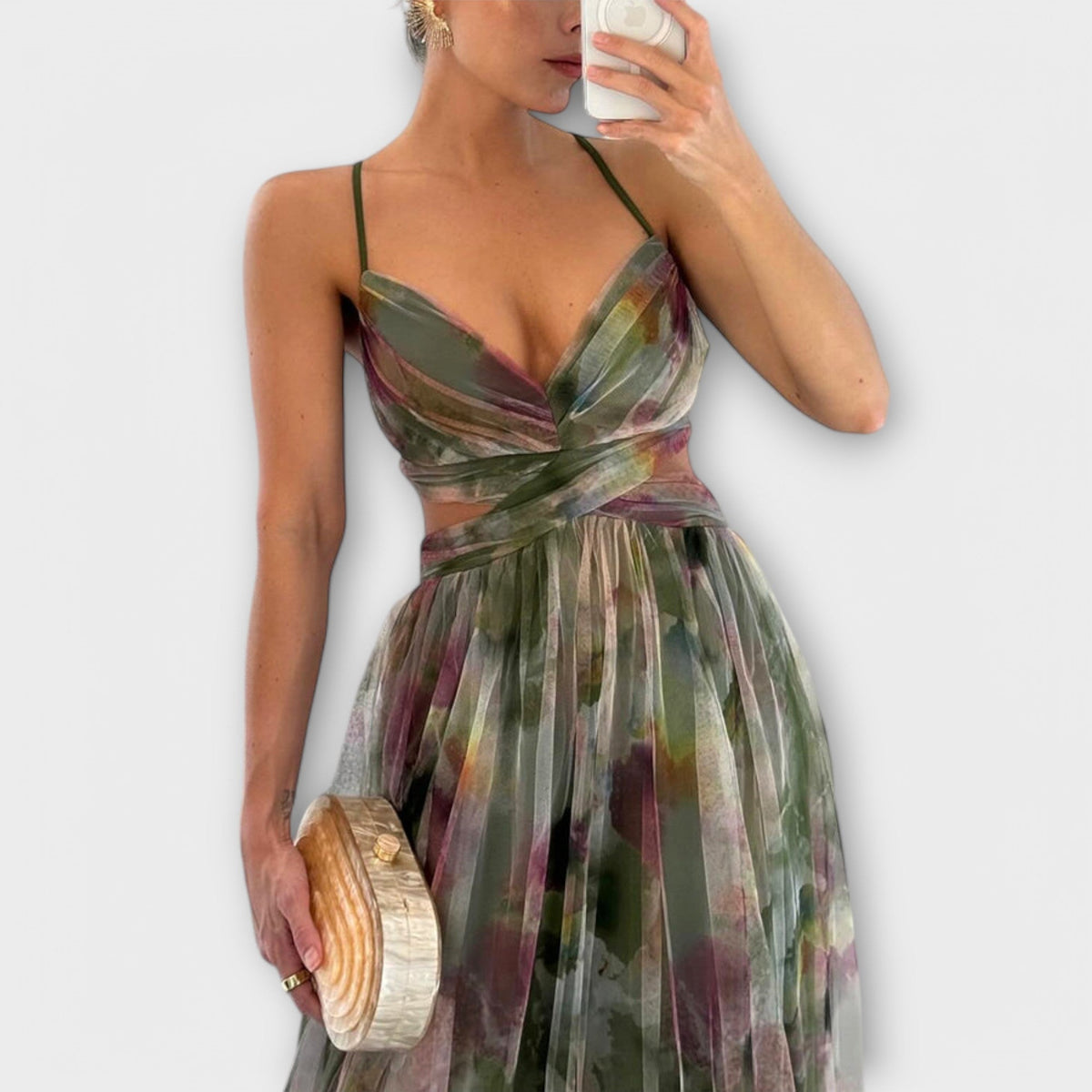 Spaghetti Strap V-Neck Watercolor Floral Tulle High Slit Maxi Gown 7