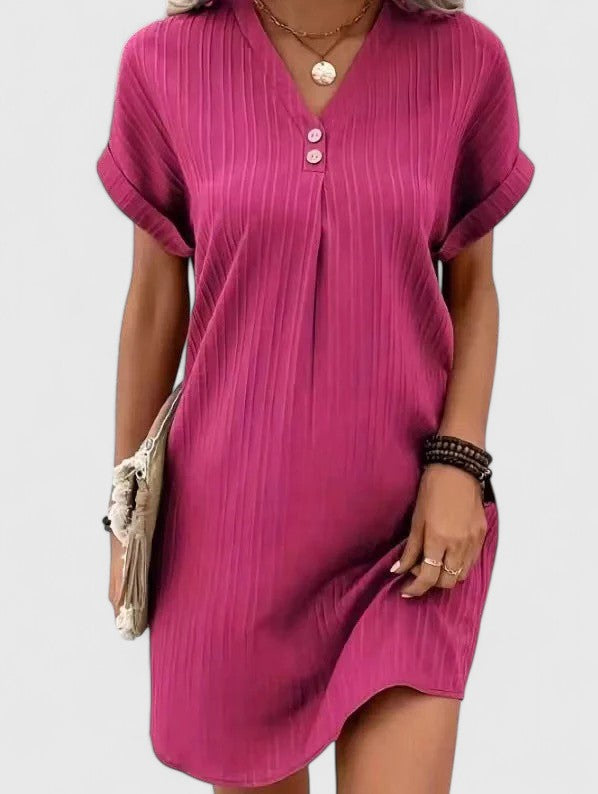 Notch V-Neck Button Textured Short Sleeve Shift Mini Dress