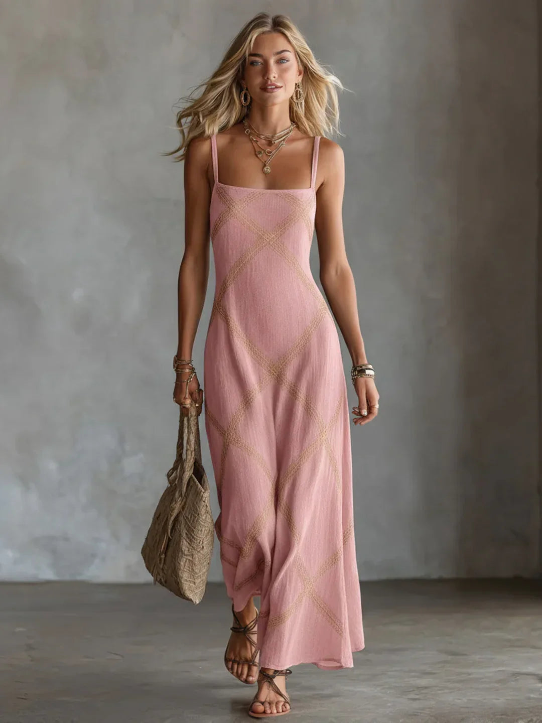 Square Neck Strappy Diamond Embroidered Bodycon Maxi Dress 3