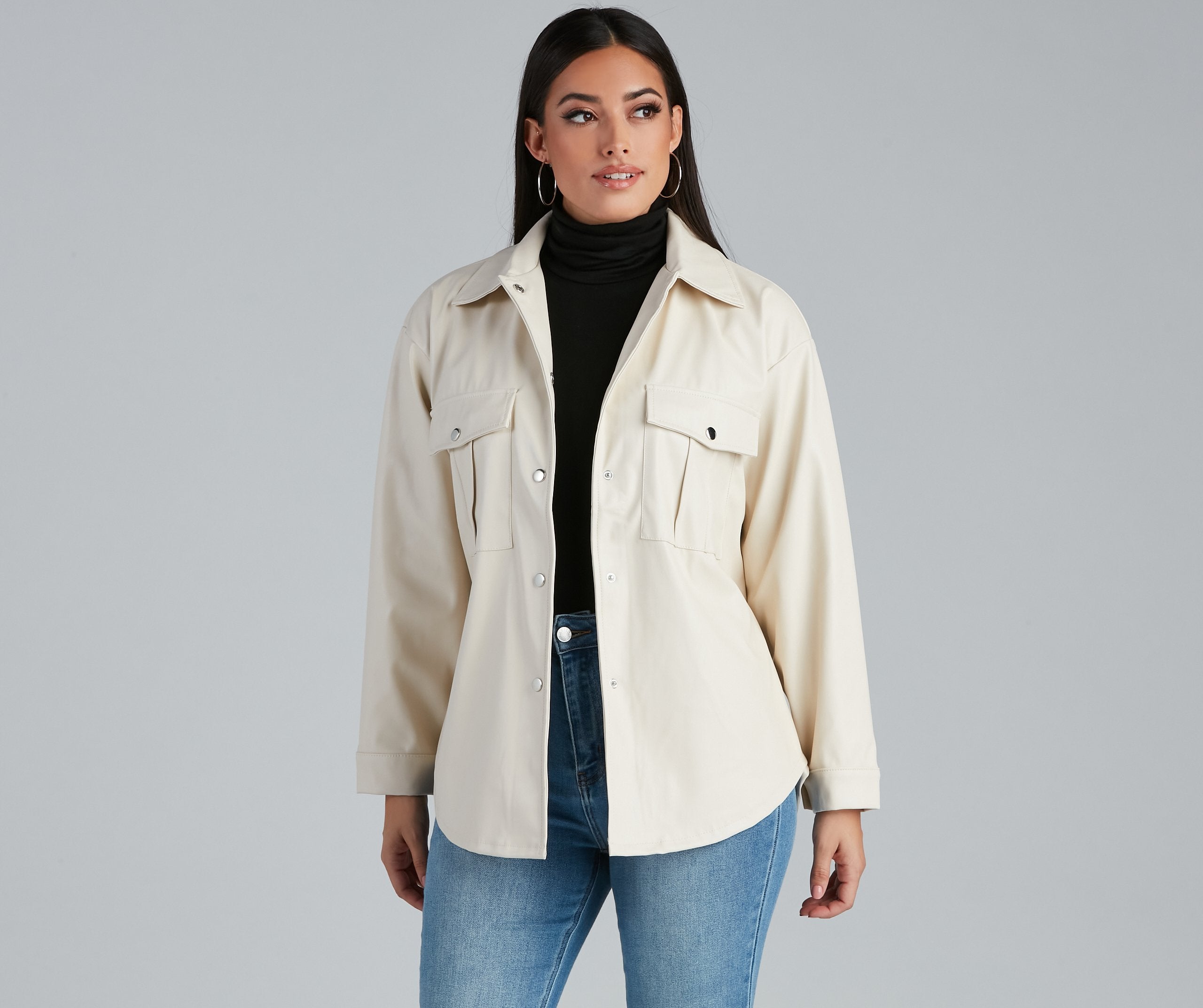 Sleek Trends Faux Leather Tie-Waist Shirt Jacket Ivory / S Casual Woven Jackets