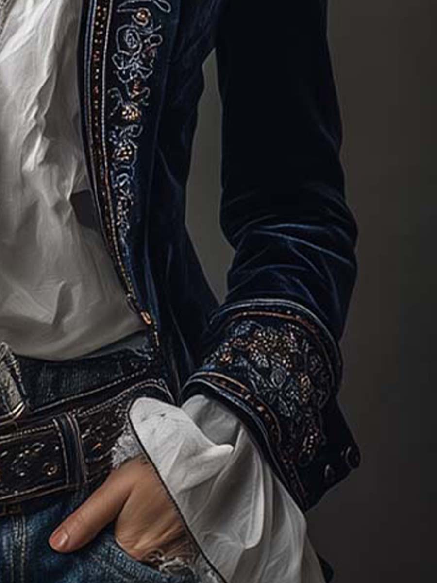 Stand Collar Embroidered Beaded Velvet Longline Blazer 8