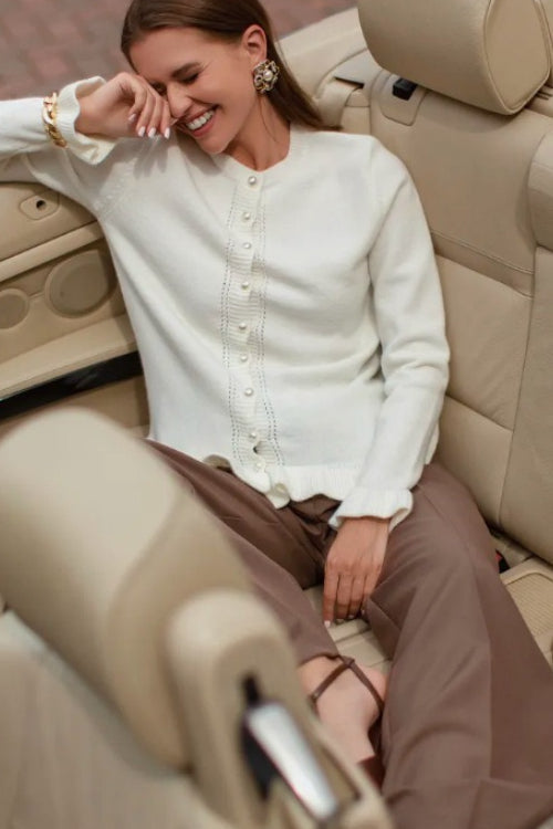 Crew Neck Layered Trim Long Sleeve Casual Knit Cardigan