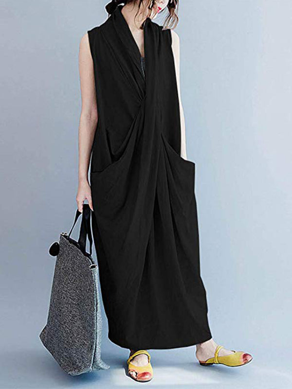 V-Neck Sleeveless Twist Front Draped Loose Cocoon Maxi Dress 6