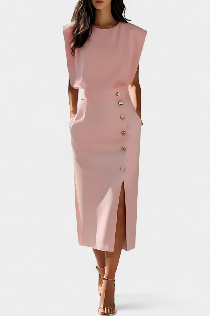 Round Neck Sleeveless Top Button Front Slit Midi Skirt Set 6
