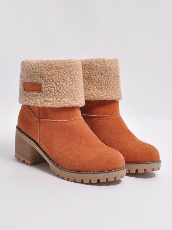 Fur Lined Fold Over Cuff Block Heel Ankle Snow Boots