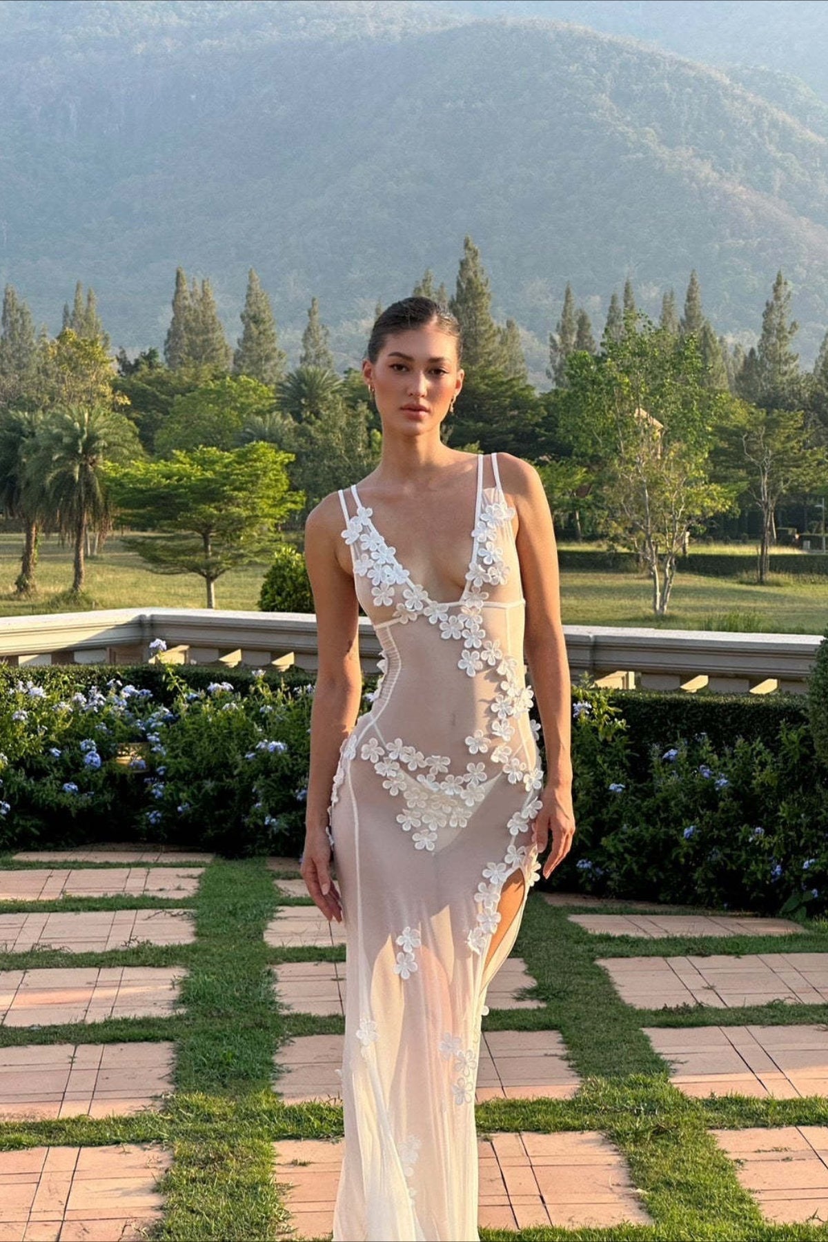Deep V Mesh Backless 3D Floral Slip Dress
