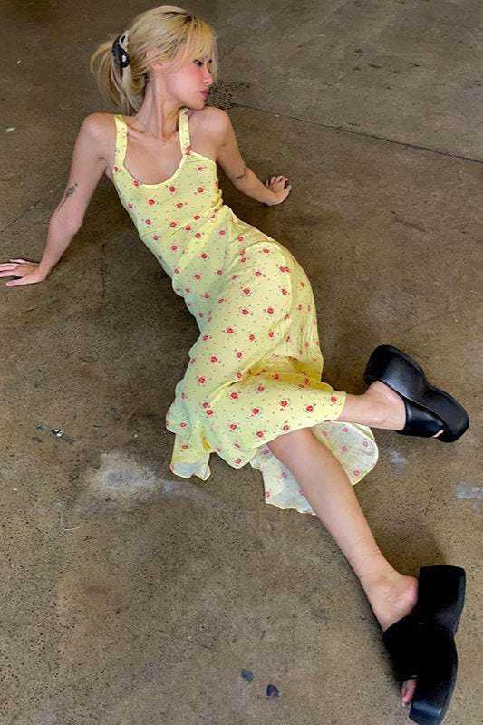 Yellow Scoop Neck Wide Strap Ditsy Floral Print Slip Maxi Dress 6