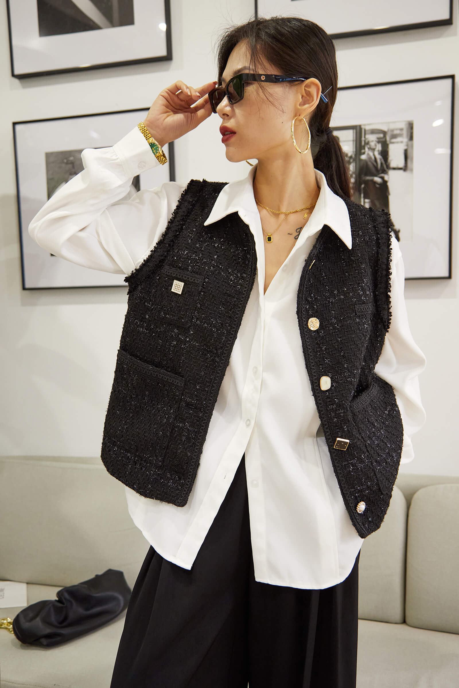 Black Crew Neck Frayed Trim Button-Up Tweed Vest