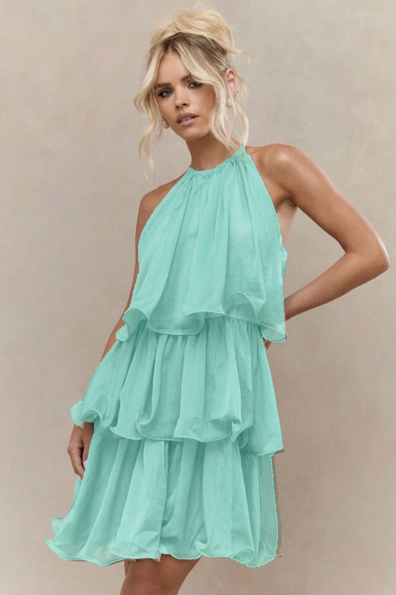 Halter Neck Tiered Ruffle Mini Dress 4