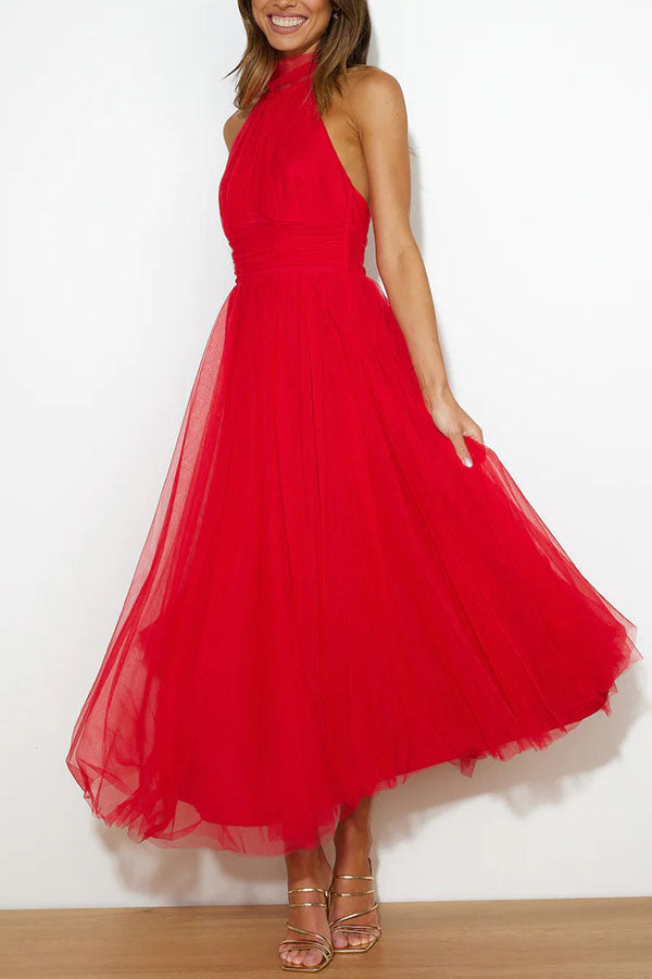 Halter Neck Sleeveless Tulle Fit-and-Flare Maxi Dress