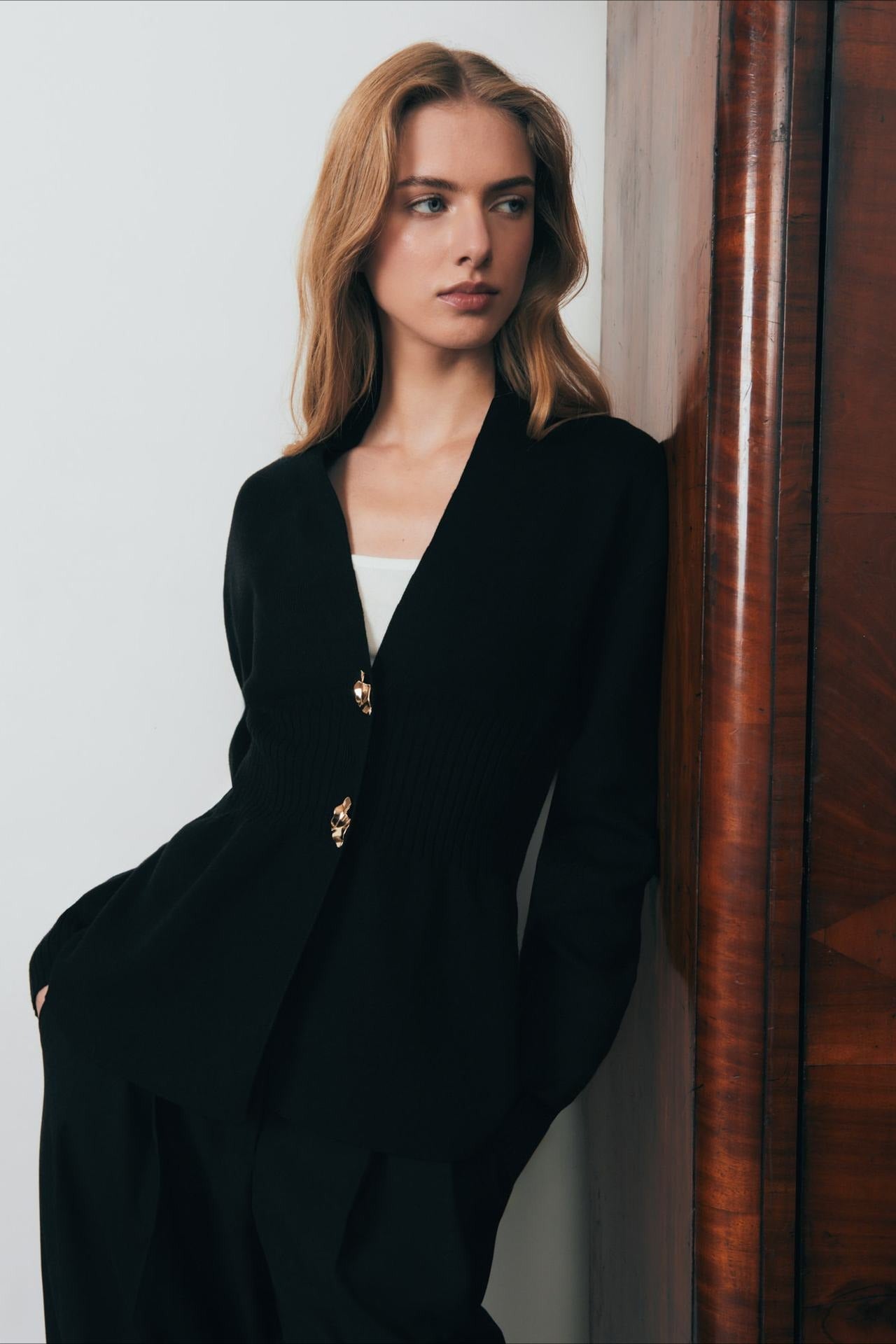 V Neck Long Sleeve Metal Button Split Hem Cardigan