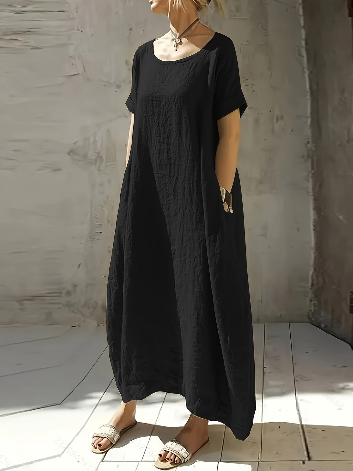 Round Neck Short Sleeve Textured Linen Pocket Cocoon Maxi Dress