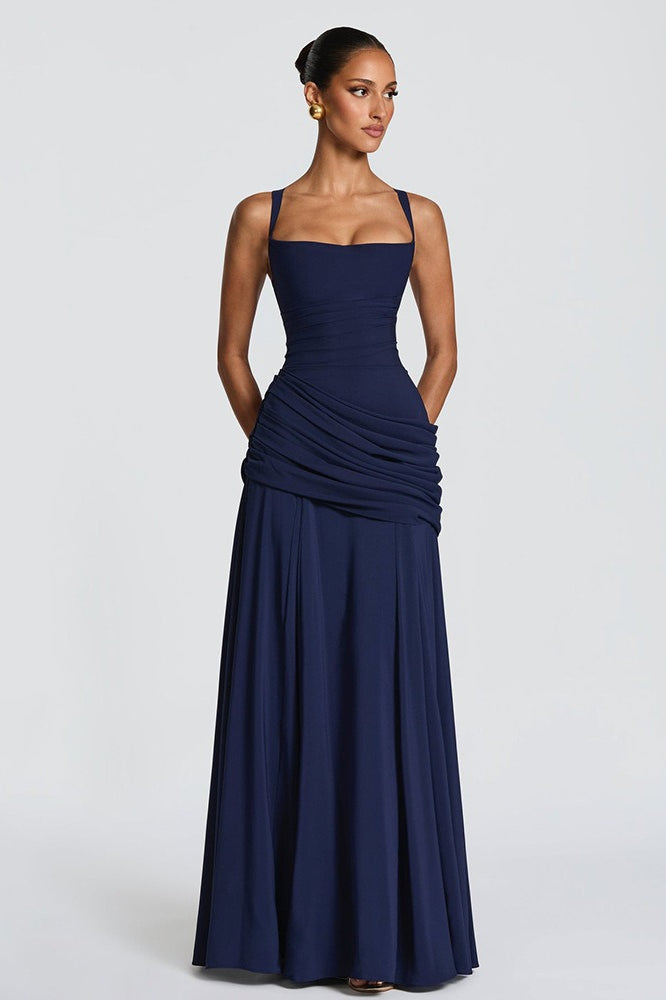 Solid Plunge Ruched Waist Backless Slip Dress